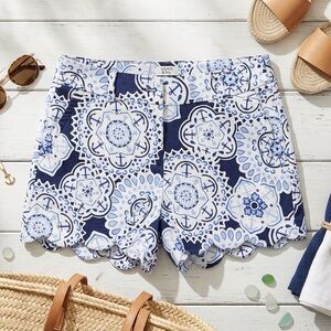 crown & ivy Navy and White Medallion Print Scalloped Shorts